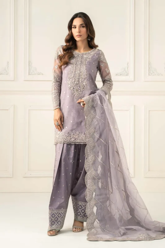 Maria.B. lilac embroidered raw silk 3-piece party wear suit – front view