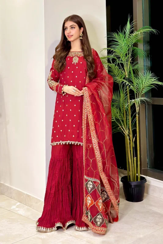 Maria.B. maroon embroidered raw silk gharara suit – Pakistani luxury formal wear