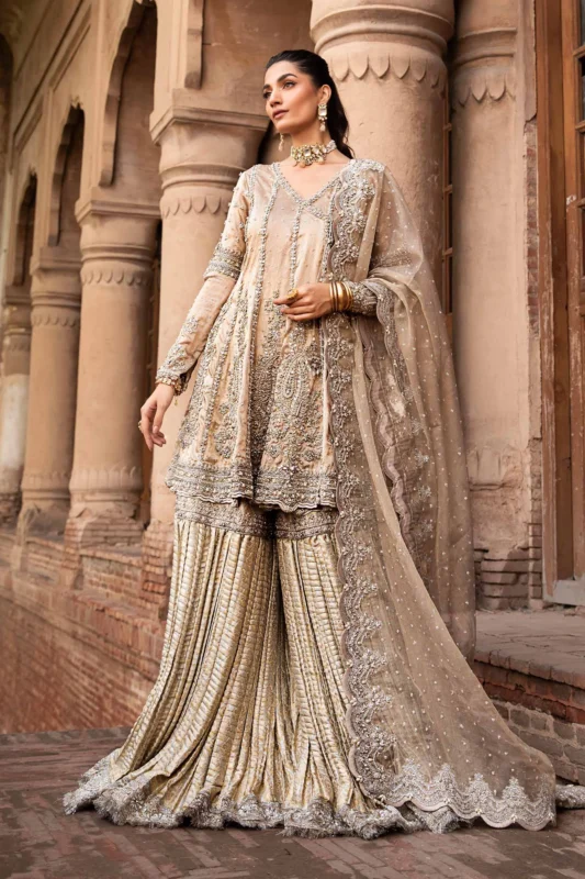 Maria.B. Oriana gold short angrakha and gharara couture formal wear set front view