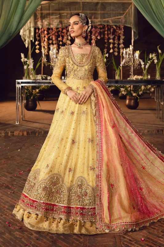 Maria.B. Oriel embroidered yellow lehenga set with dabka and gotta patti – Pakistani couture formal wear