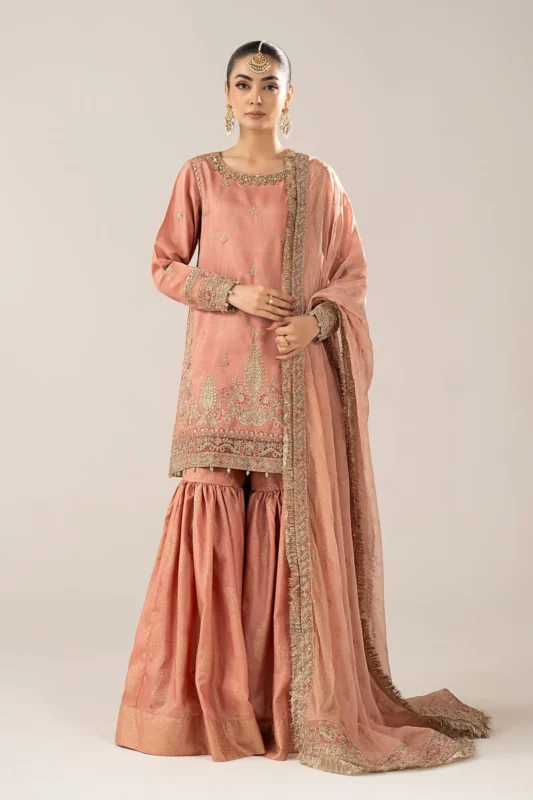 Maria.B. 3-piece embroidered raw silk gharara suit in peach pink – luxury party wear