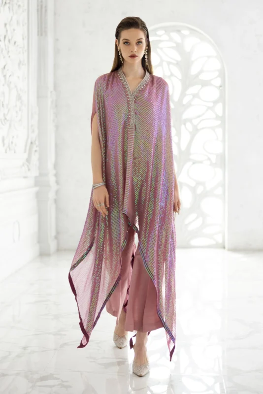 Maria.B. 3-piece pink embroidered chiffon kaftan party wear suit full front view