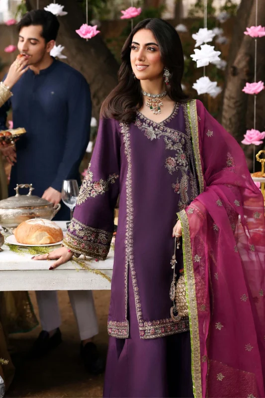 Maria.B. purple embroidered raw silk angrakha party wear 3-piece suit with pink organza dupatta