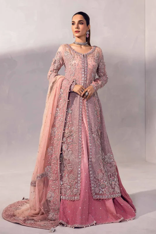 Maria.B. Resmin blush pink ombre lehenga party wear 3-piece couture set front view