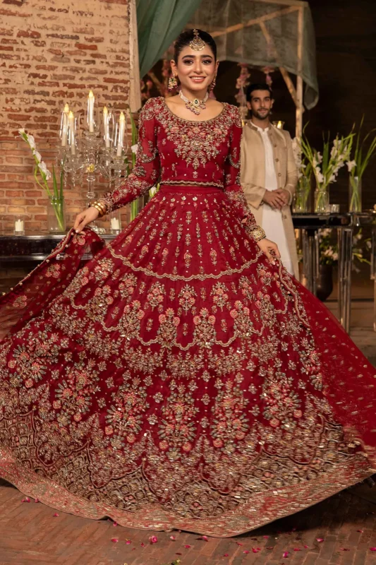 Maria.B. Roza red couture party wear dress with 3D floral embroidery and sequins — front view