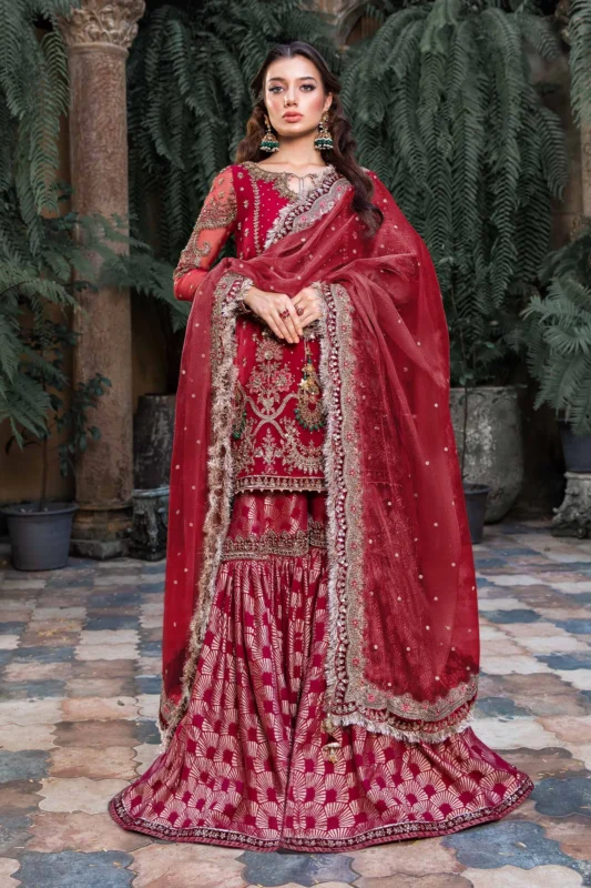 Maria.B. Shireen red organza gharara 3-piece couture formal wear set with sequin and naqshi embellishments
