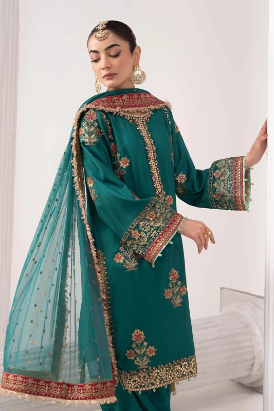 Maria.B. teal 3-piece embroidered raw silk formal wear suit with hand-embellished neckline and pearl drop detailing