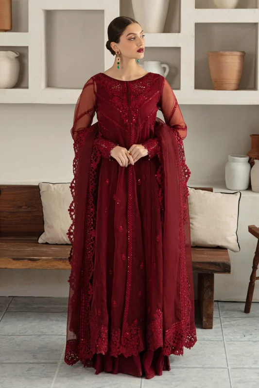 Maroon organza raw silk Pishwas Gown 3-piece Pakistani party wear formal dress full view