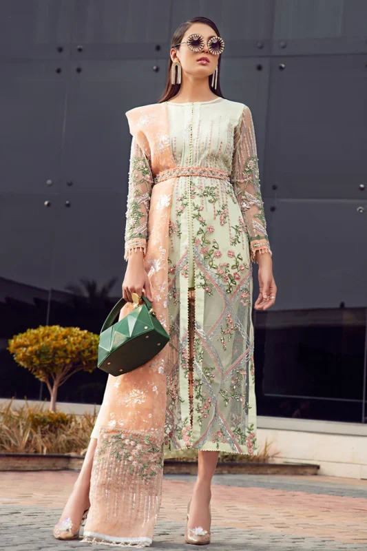 Mehak Yaqoob Couture Clara mint green front-open sheer party wear gown with crystal belt — full look