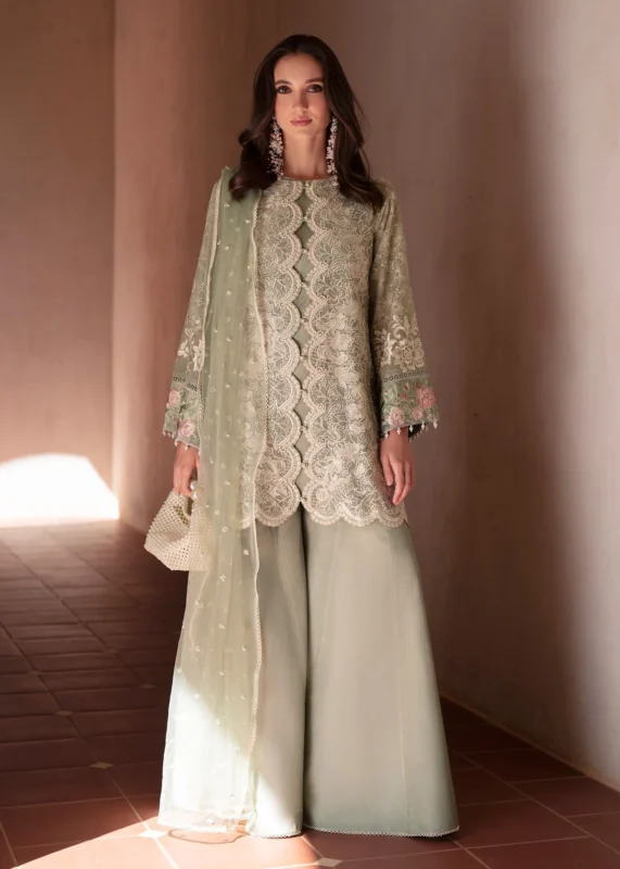 Mehak Yaqoob Couture Eva mint embroidered sharara party wear with pearl jacket and net dupatta