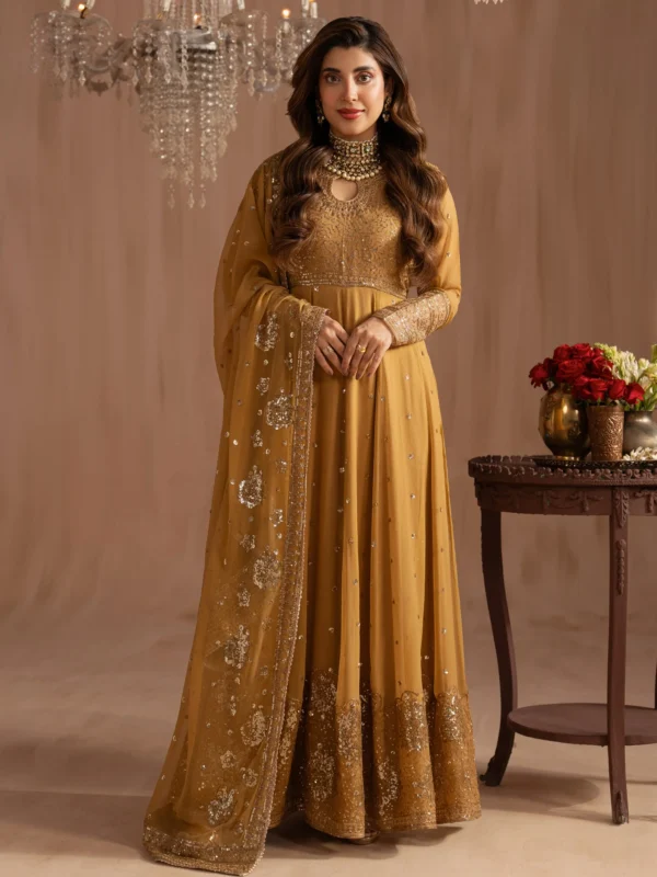 Mohagni embroidered chiffon maxi 3-piece formal wear with raw silk trouser and dupatta