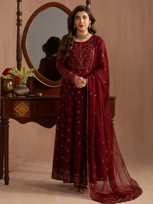 Mohagni embroidered chiffon maxi 3-piece formal wear front view — authentic Pakistani designer