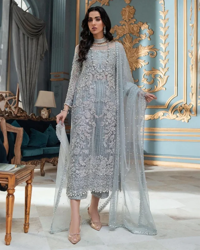 Mushq Adela ice blue silk organza 3-piece party wear long shirt with pearl dupatta — authentic Mushq luxury formal