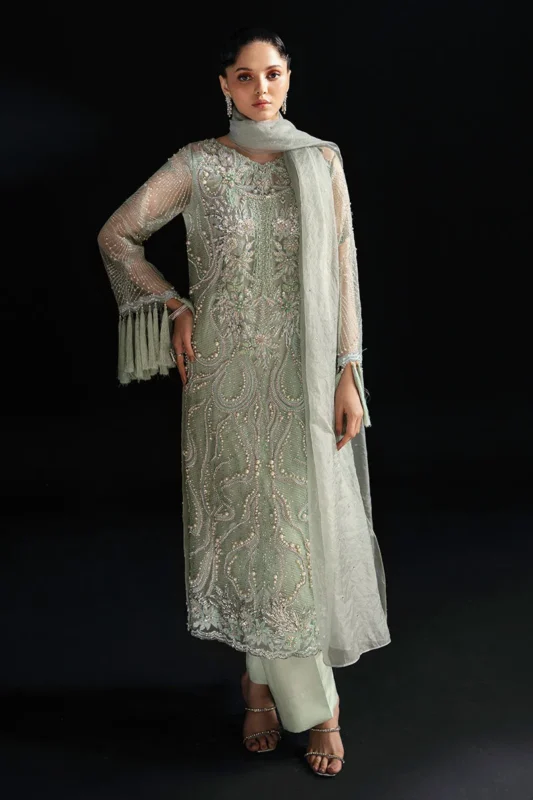Mushq Dione powder green net party wear dress with pearl and crystal embellishments – Mushqofficial Luxury Pret