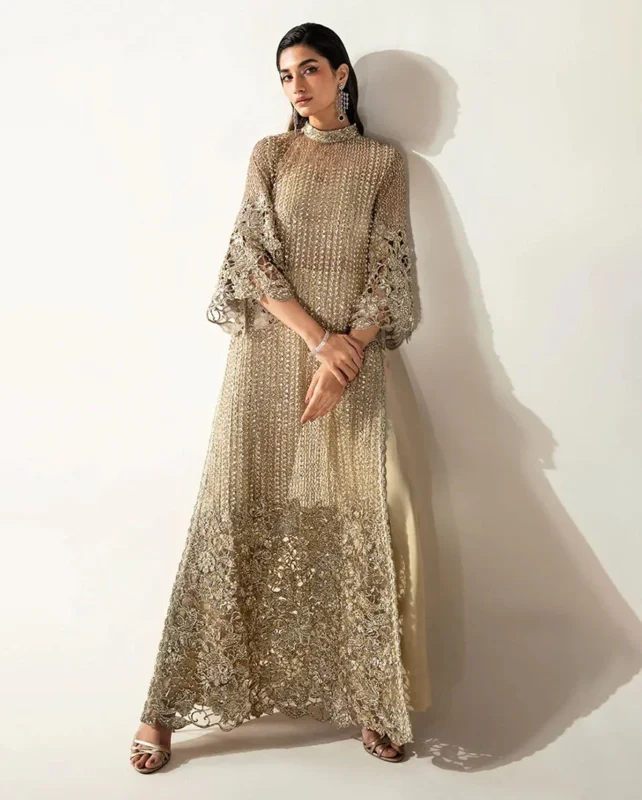 Mushq Eve pale gold crystal embellished net formal wear – front view – Mushq Official