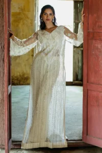 Mushq Lotus white embroidered net luxury formal wear three-piece dress – Mushq Official Fleur Collection