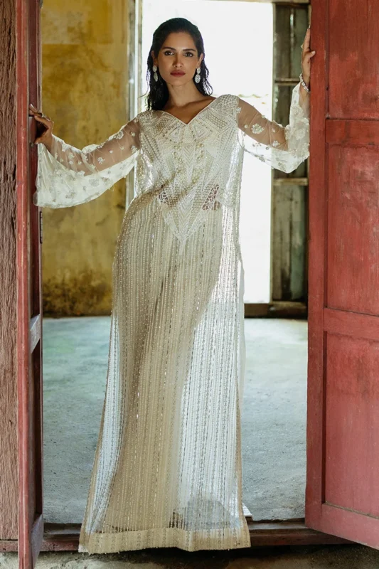 Mushq Lotus white embroidered net luxury formal wear three-piece dress – Mushq Official Fleur Collection