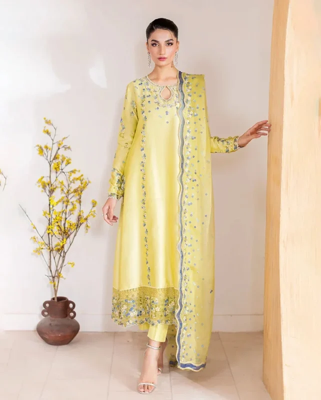 Mushq Lumiere lime yellow embroidered Sheesha Silk party wear 3-piece festive dress