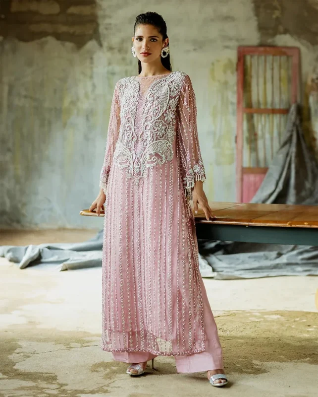 Mushq Lys powder pink embroidered net 3-piece luxury party wear dress full view