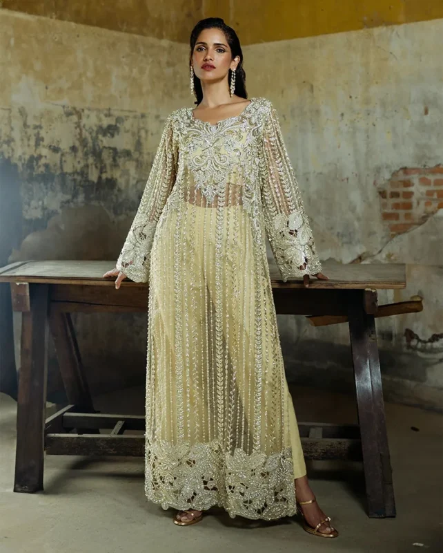Mushq Marguerite golden embroidered net 3-piece luxury party wear dress front view