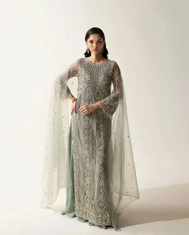 Mushq Meline mint green embellished luxury net party wear dress – authentic Mushqofficial collection