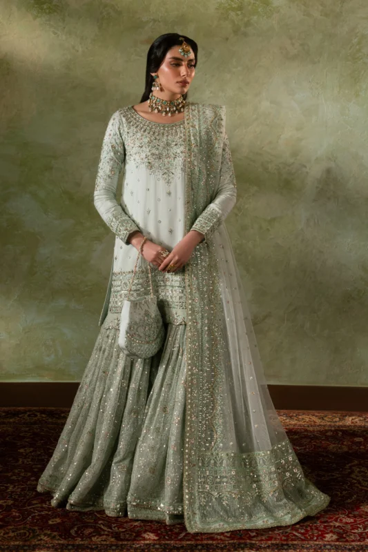 NAQSHI Azeyma pale pistachio Indian raw silk party wear formal shirt for Nikkah — authentic NAQSHI collection at Zilverah