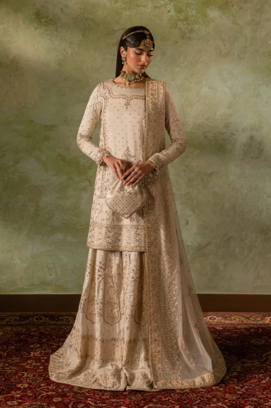 NAQSHI Damiya off-white 4PC bridal party wear A-line frock in Indian Raw Silk — authentic NAQSHI collection