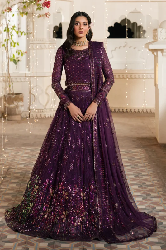 NAQSHI Elain Purple Net Formal Wear 3PC Lehenga with Embroidery and Sequin Detailing — Zilverah