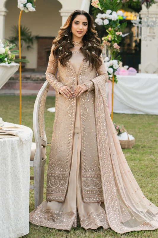 NAQSHI Ezaraa peach pink tissue gown lehenga 4-piece luxury formal wear Pakistani designer