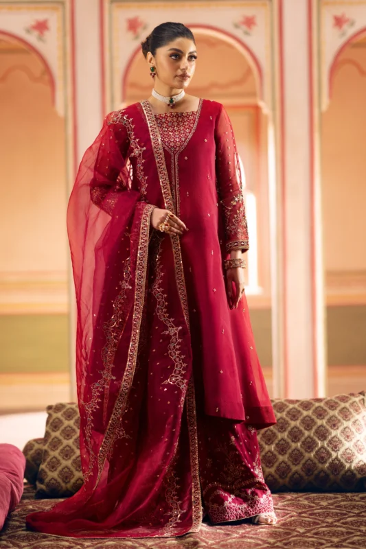 NAQSHI Ferisha wine red organza party wear A-line frock set with adda work and sequins – front view