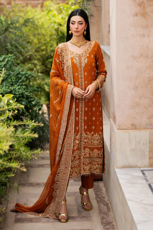 NAQSHI Gul-e-Farosh rust Indian raw silk formal wear gown with sequin and adda embellishment – front view