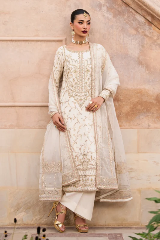 NAQSHI Gul-e-Rohma beige Indian Raw Silk party wear dress with floral jal and adda work embroidery