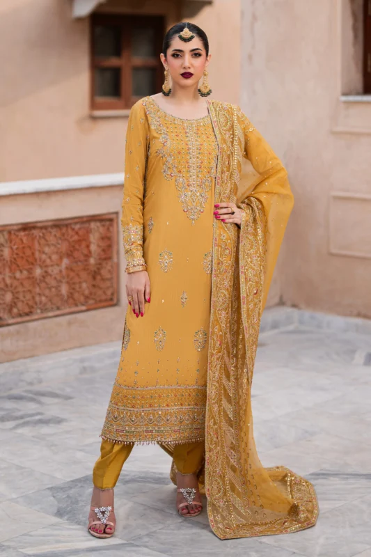 NAQSHI Gul-e-Yusra mustard Indian raw silk formal wear with adda work and sequin embroidery – front view