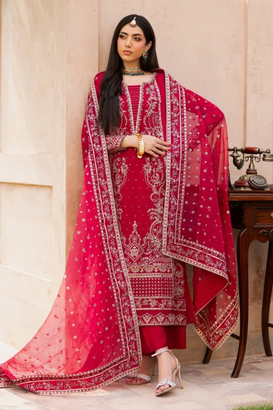 NAQSHI Gul-e-Zeenat red Indian Raw Silk party wear with hand adda embroidery and sequins