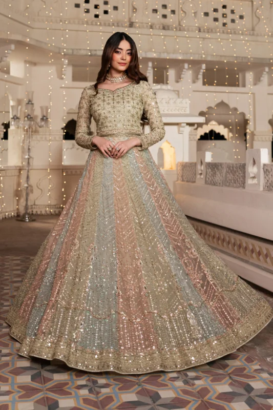 NAQSHI Laveena pista net 3PC formal party wear lehenga with mirror and sequence embellishments – front view