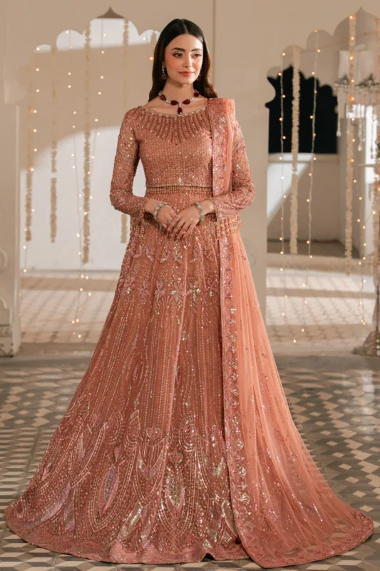 NAQSHI Patricia peach embroidered net 3-piece party wear lehenga set – NAQSHI Festive Collection