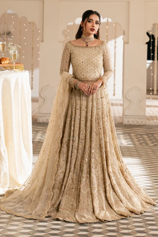 NAQSHI Raizel beige net 3PC party wear lehenga with mirror and sequin embellishment – full front view