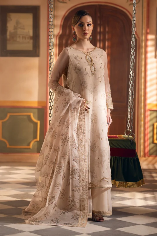 NAQSHI Shifa beige double-layered organza embroidered party wear shirt – front view