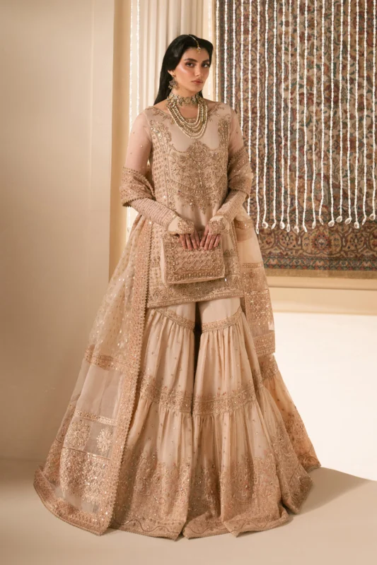 NAQSHI Tizmat peach organza 4-piece party wear dress for nikkah and formal events