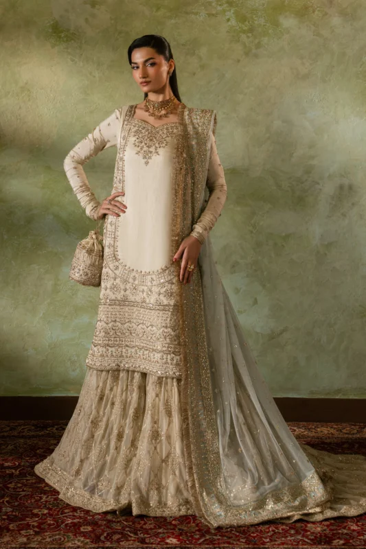 NAQSHI Zemira beige nikkah formal wear 2-piece Indian raw silk and net dress