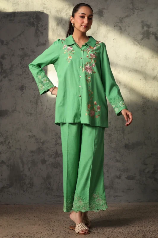 Summer 2026 Oriental Florals Grape Green Raw Silk formal wear 2-piece culotte set — front view