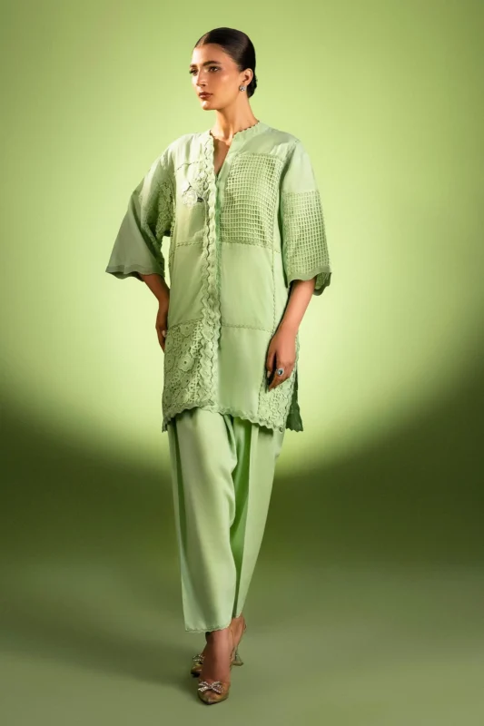 Sana Safinaz green Irish Linen party wear shalwar kameez — authentic luxury pret 2-piece stitched ensemble