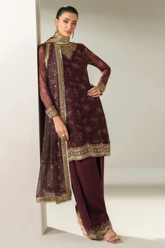 Semi Formals embroidered chiffon 3-piece party wear suit with raw silk bottom and dupatta