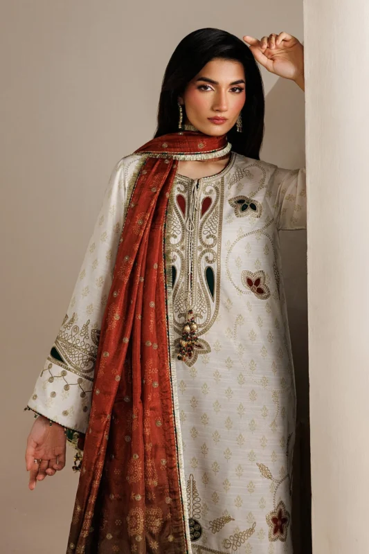 Semi Formals Embroidered Raw Silk Three-Piece Party Wear Suit – Authentic Pakistani Designer Fashion