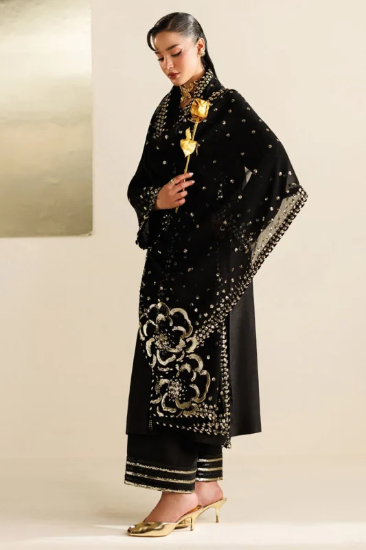 Semi Formals embroidered Korean raw silk formal wear 3-piece Pakistani designer ensemble
