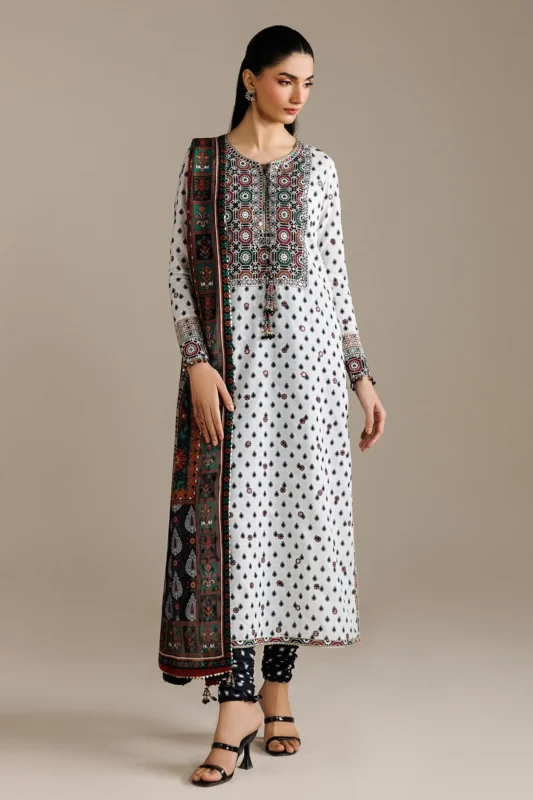 Semi Formals embroidered raw silk formal wear suit with tissue silk dupatta — authentic Pakistani designer dress