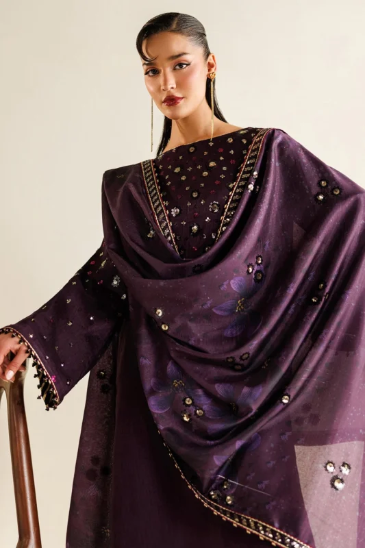 Semi Formals embroidered raw silk 3-piece party wear suit with Tussar silk dupatta