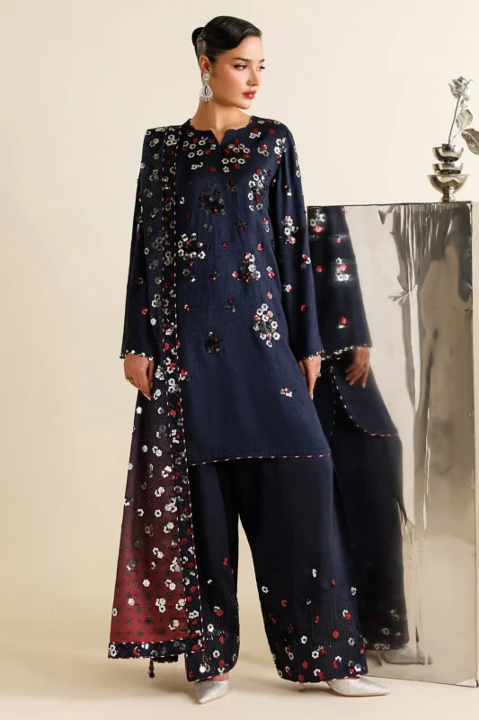 Semi Formals embroidered raw silk party wear 3-piece suit - authentic Pakistani designer dress
