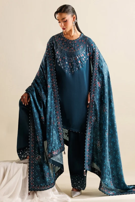 Semi Formals embroidered raw silk party wear suit with Tussar dupatta – authentic Pakistani designer fashion