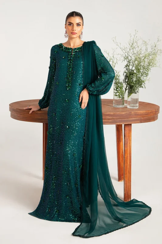 Fully sequined green chiffon 3-piece fancy formal party wear dress with embroidered neckline and sleeves